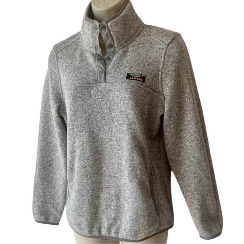 L.L. Bean Fleece Knit Sweater Pullover Quarter Snap in Heather Gray / Pewter - Picture 3 of 5